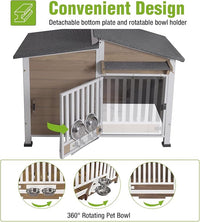 GUTINNEEN Dog House Outdoor Dog Kennel with Chew-Proof Metal Frame, Rotating Food Bowl, PVC Door Curtain, Weatherproof for Small Medium Dogs, 39.7" L x 25.5" D x 32.2" H (Light Brown)