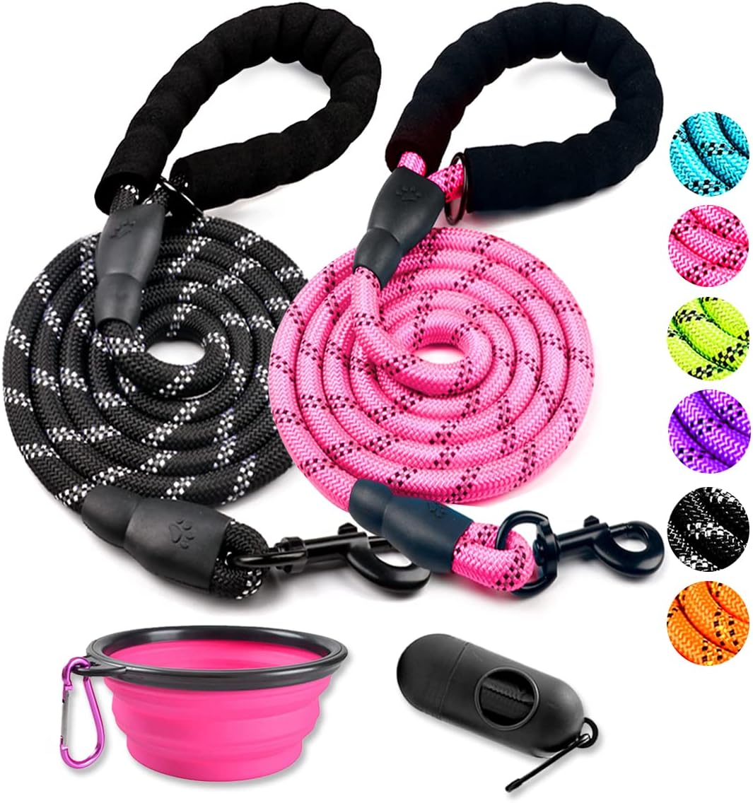 COOYOO 2 Pack Dog Leash 5 FT Heavy Duty - 1/2"x 5 FT (18~120 lbs.) / Set 1-Black+Pink