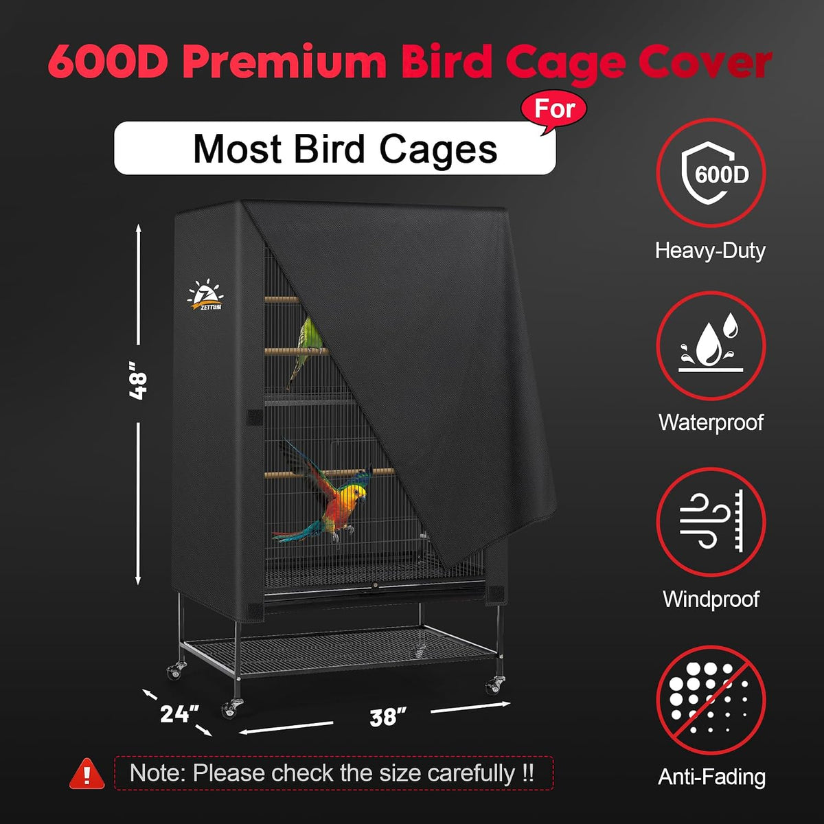 Bird Cage Cover - 600D Bird Cage Covers for Night Heavy Duty & Waterproof, Fade-Resistant Pet Bird - 38 x 24 x 48 Inch - image 2