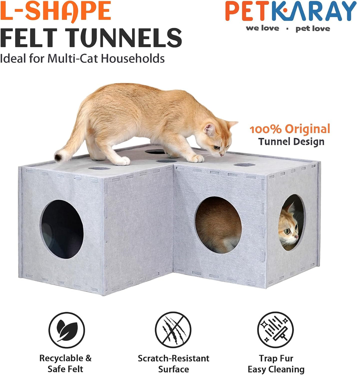 PETKARAY Cat Tunnel, Original Cat Hideaway Cave for Indoor Cats - L-shape Tunnel / Grey - image 2