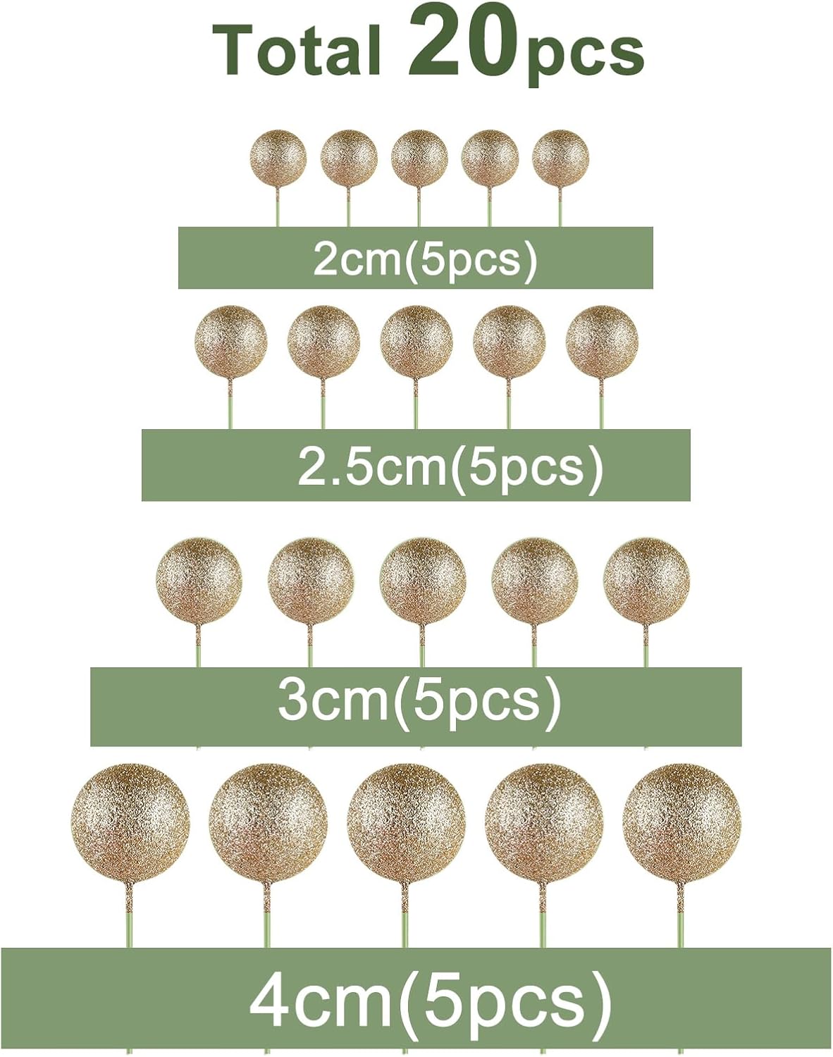 ASTARON 20 Pcs Gold Balls Cake Topper Decorations for Birthday Cake - Glitter Champagne Gold - image 2