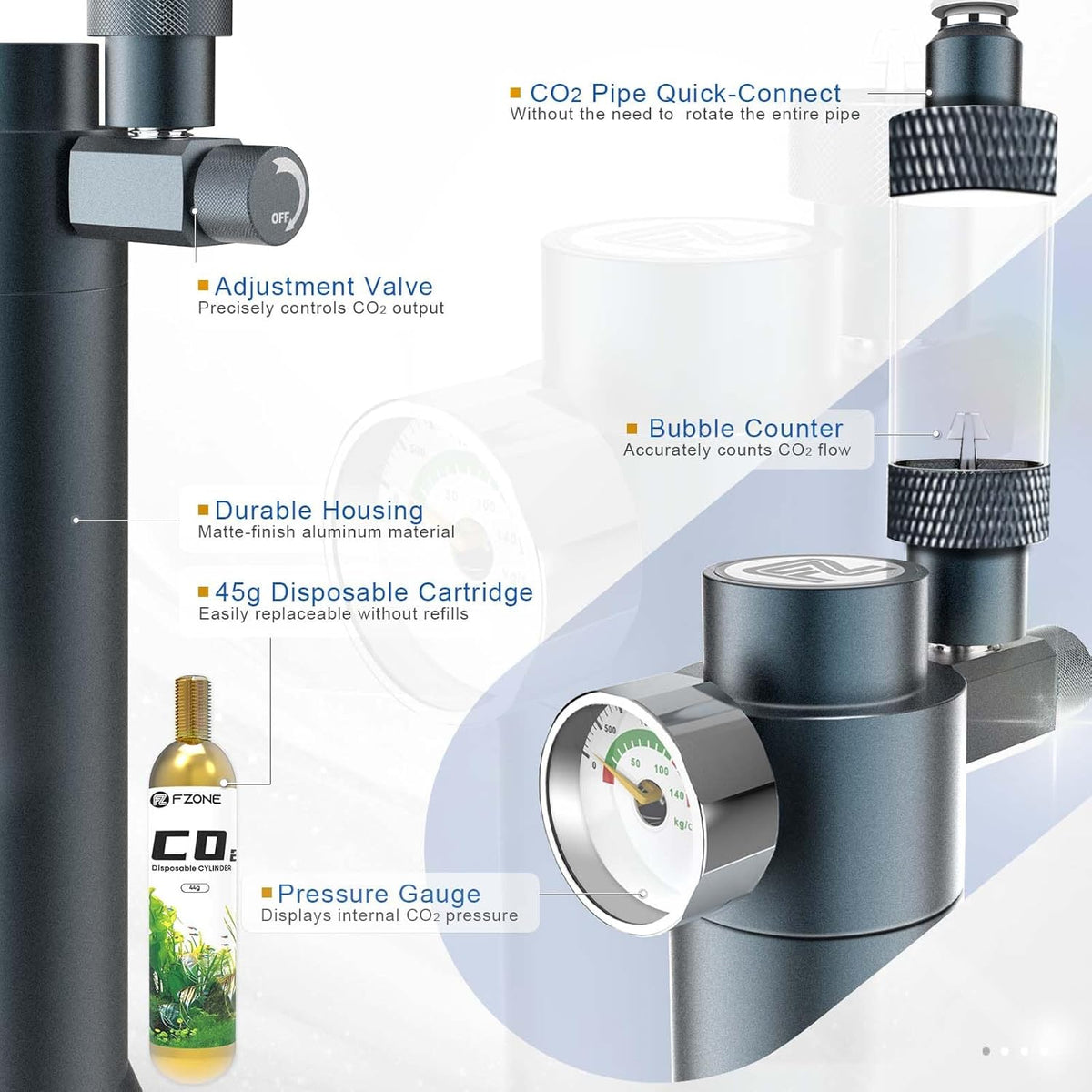 FZONE Desktop Aquarium CO2 System, 5/8" & 3/8" Compatible - 45g - image 2