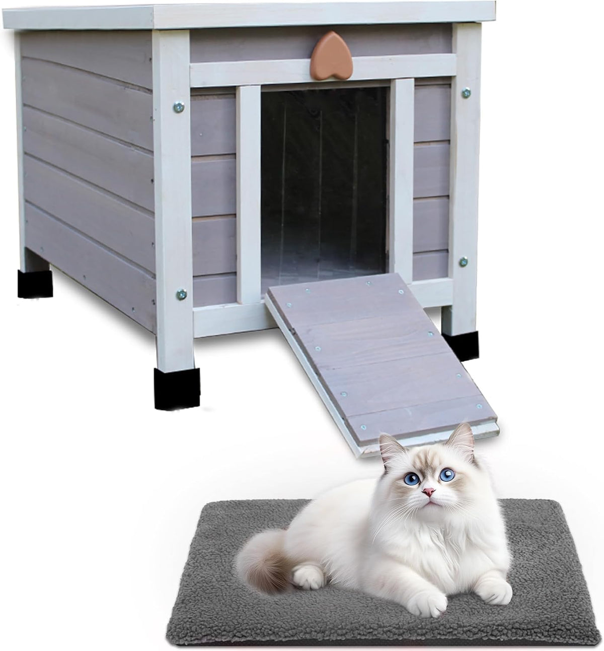 Cat House for Outdoor Cats - Grey(with Mat)