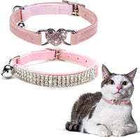 BINGPET Diamond Cat Collar with Bell, Adjustable Kitten Collar - Pink(Heart & Rhinestones) / Neck Girth 8"-10"