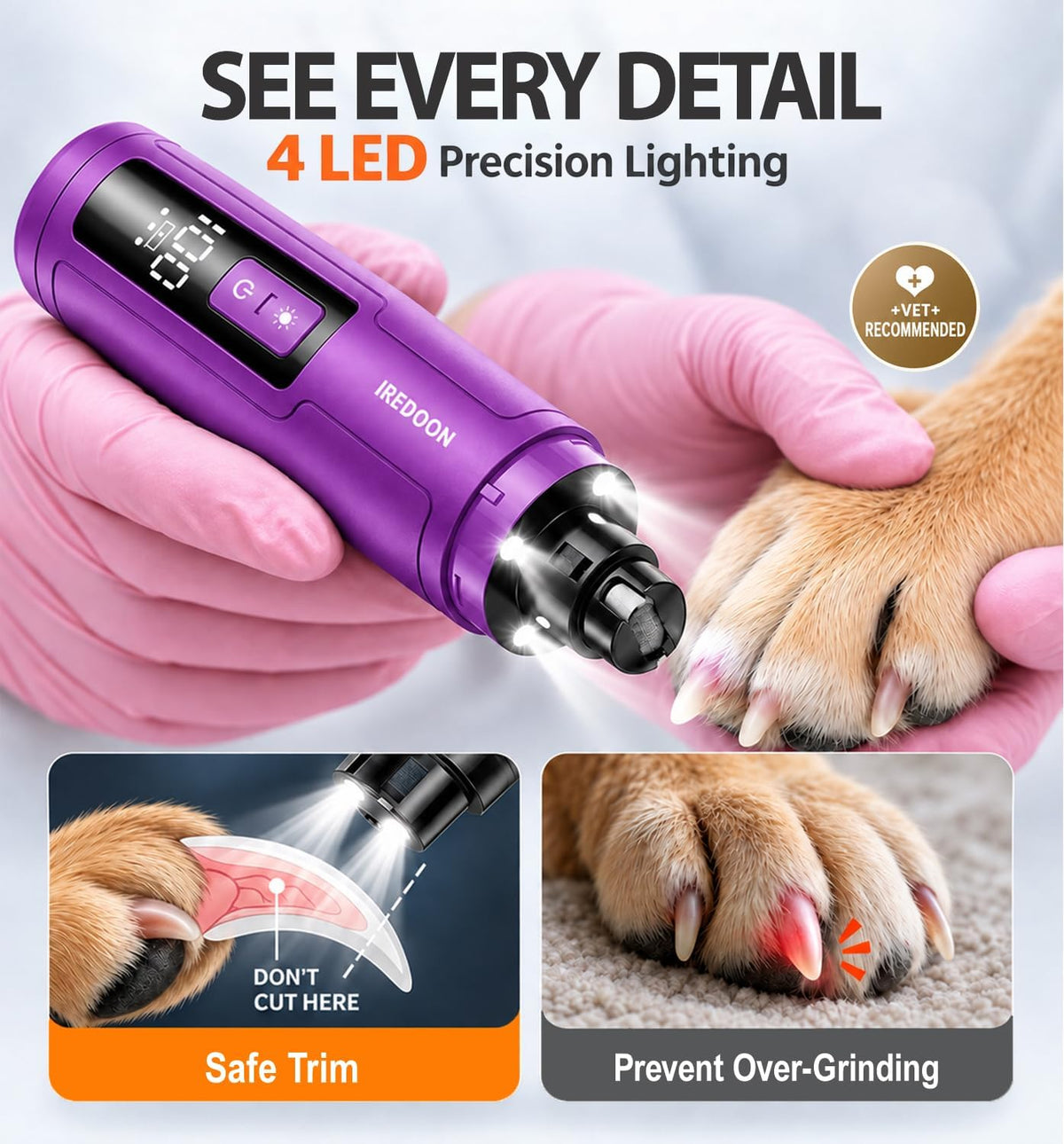Dog Nail Grinder with 4 LED Lights - Purple - image 4