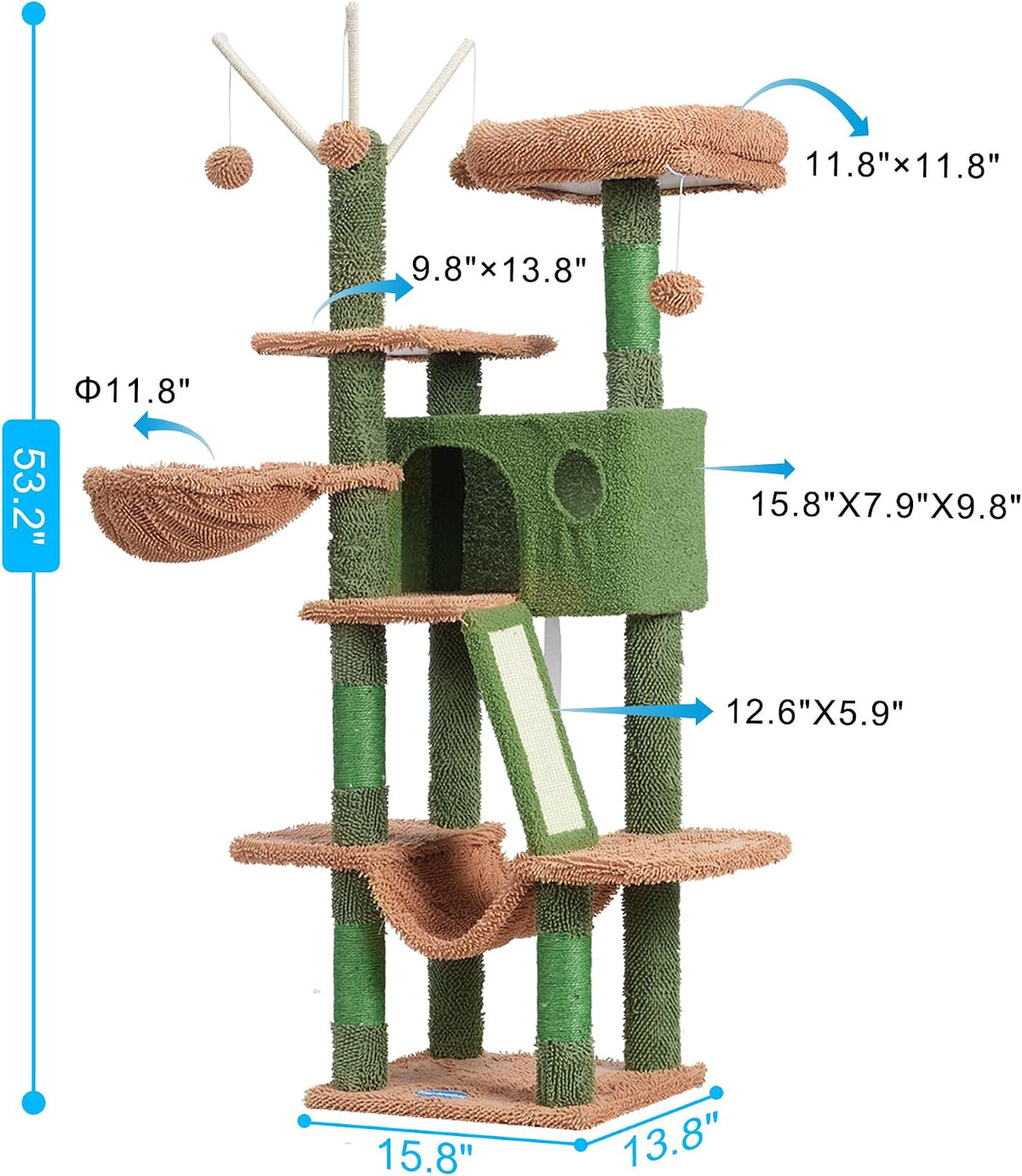 Hey-brother Cat Tree Tower with Padded Platform Bed, Hammock - 53 Inch / Cactus - image 3