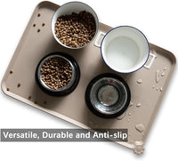 Hoki Found Large Silicone Pet Food Mats - Non Slip Dog & Cat Bowl Mats - Waterproof Tan
