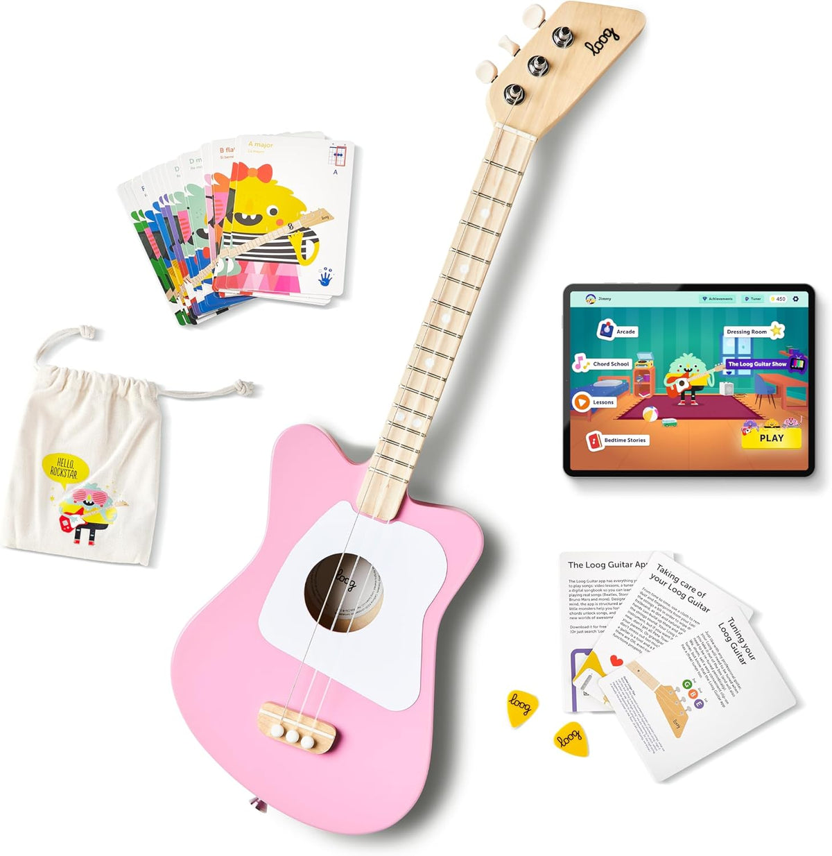 Loog Mini Acoustic kids Guitar for Beginners 3-strings Ages 3+ - Pink