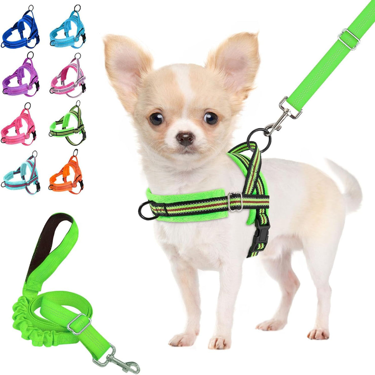 Lukovee Small Dog Harness and Leash Set, No Pull Soft Padded, XS - Green - with Stripe / XXS ( Chest 11.5'' ~ 15'')