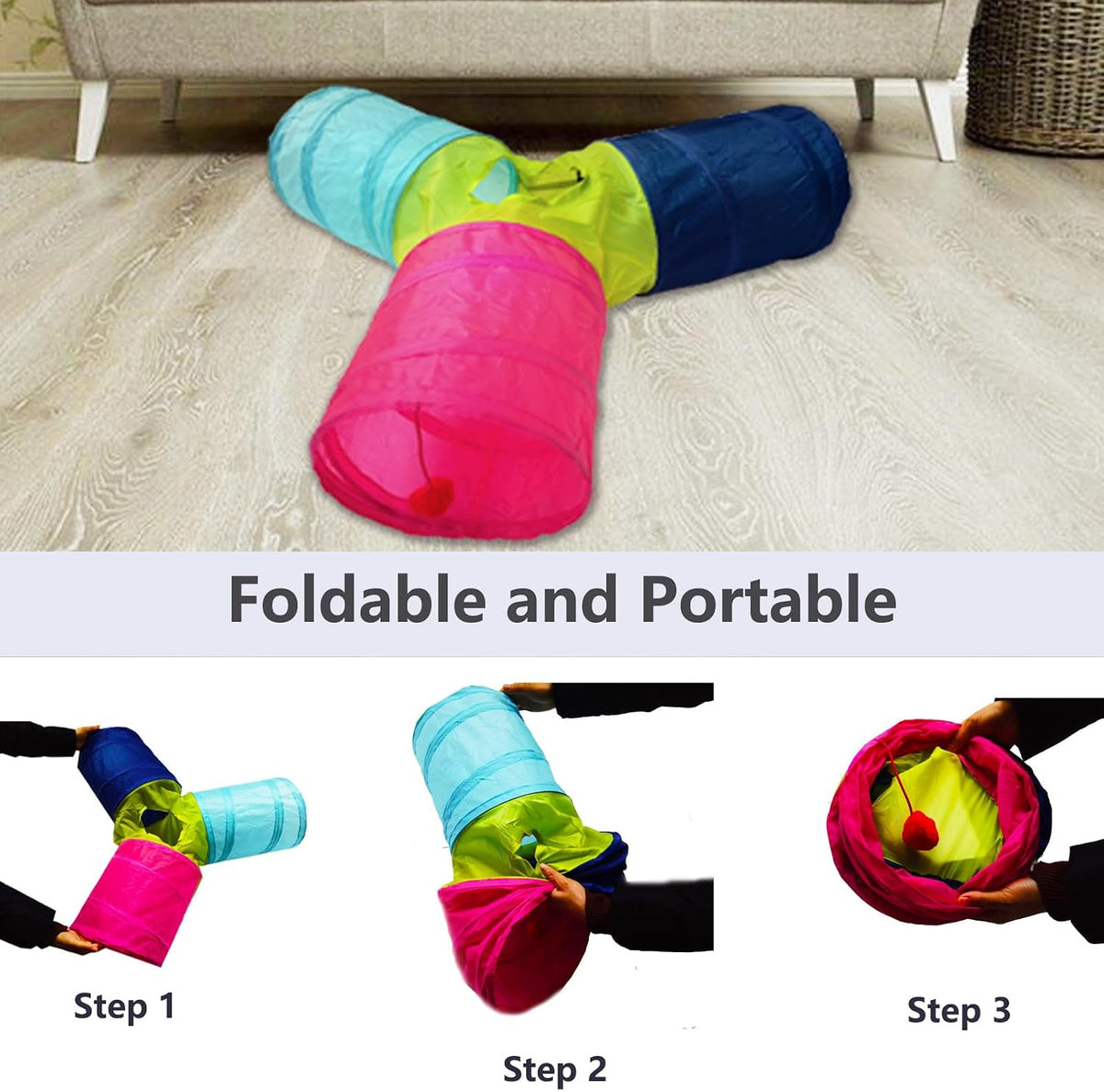Cat Tunnel Tube Toys, 3 Ways Tunnels for Indoor Cats with Play Ball – Essentials for Cats - 3 Way Colorful - image 2