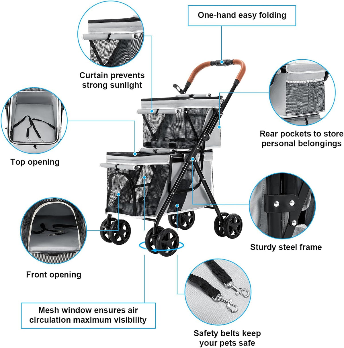 Double Pet Stroller for 2 Dogs & Cats, Double-Decker, Blue – Essentials for Dogs - Gray - image 4