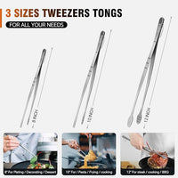 Kitchen Tweezers Tongs, Cooking Tweezers Stainless Steel - 3 Size 12'' 10'' & 8 inch Ideal for Meat, pasta, plating and pinching delicate small pieces of food, Set of 3
