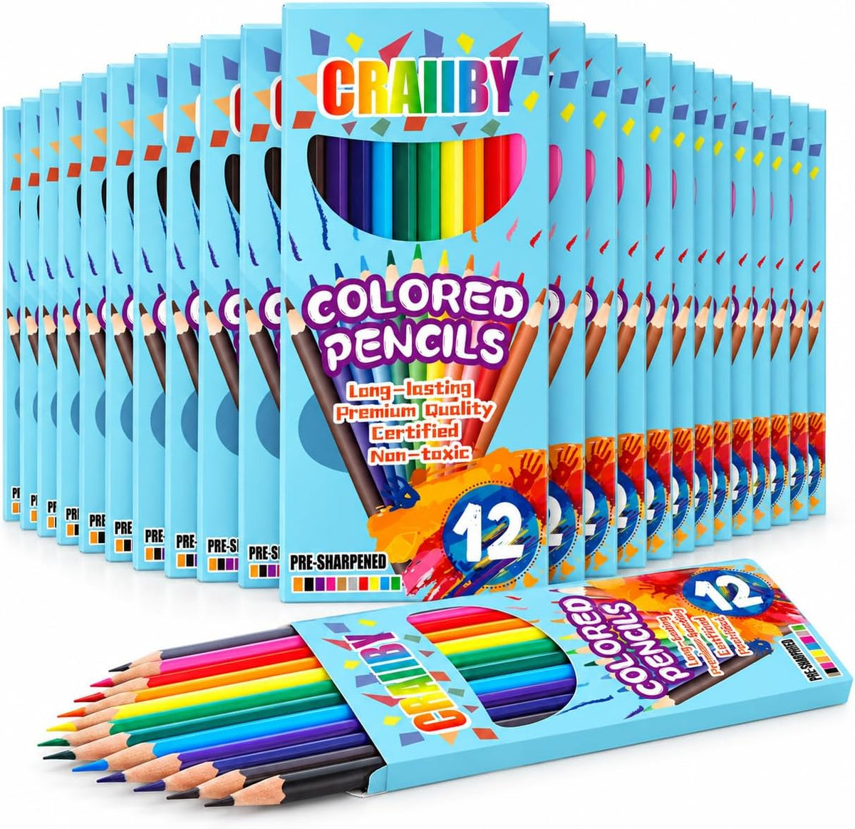 Craiiby colored pencils bulk, 24 boxes of 12 pre-sharpened colored pencils