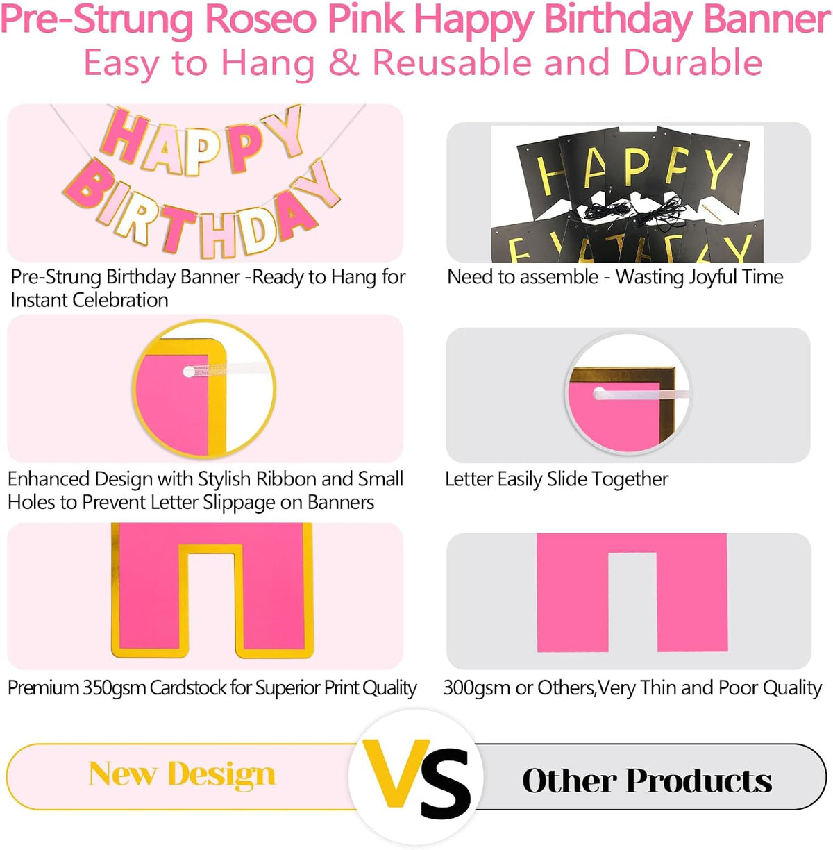 Pre-Strung Happy Birthday Banner - Roseo Pink - image 4