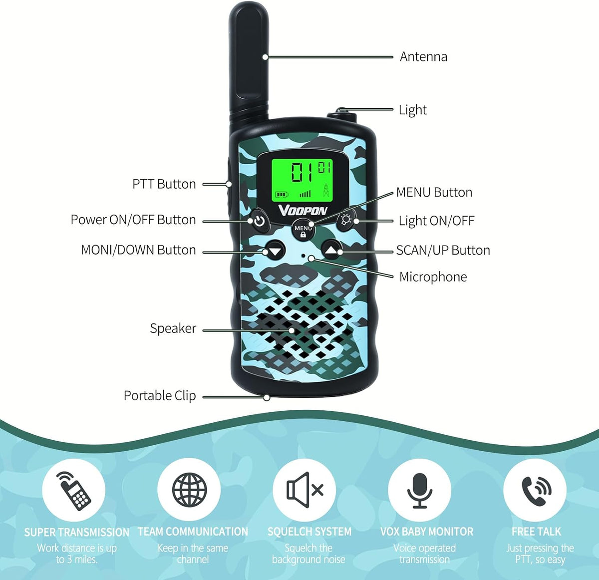 VOOPON green camo walkie talkies for kids with LCD screens - view 5