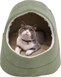 4 in 1 Self Warming Burrow Cat Bed Hideway Sleeping Cuddle Cave – Essentials for Cats - Sage Green-2 - image 3