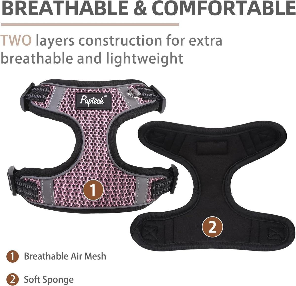PUPTECK Dog Harness and Leash Set Small Sized - S (13-17lbs, Chest 15"-18") / #1 LightPink(Breathable Mesh) - image 2