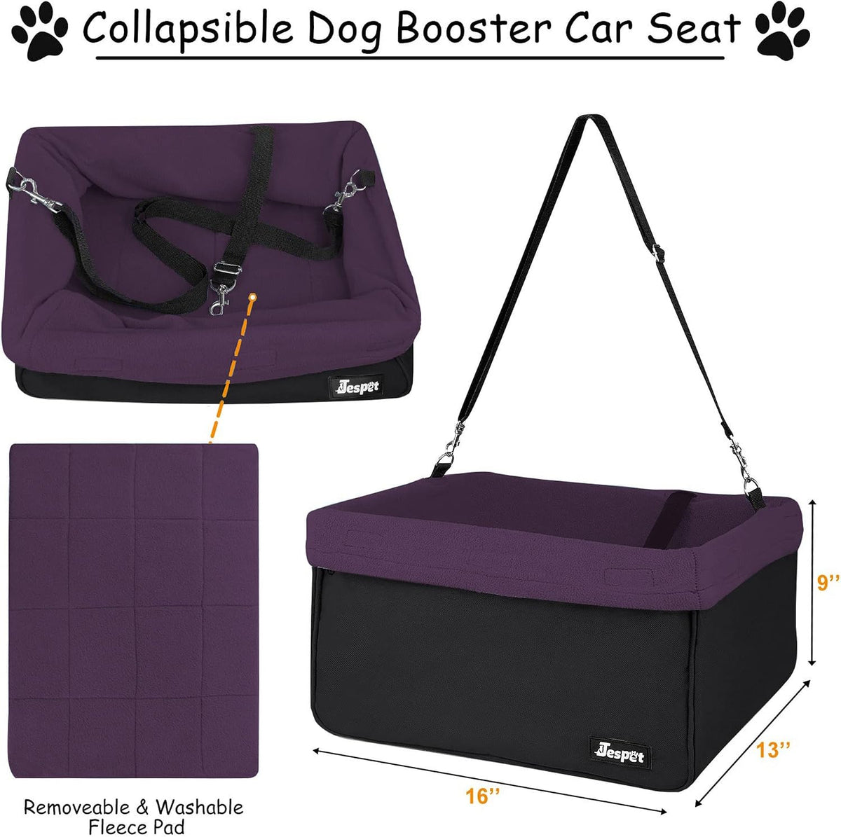 Jespet Dog Booster Seat for Cars, Travel Carrier with Seat Belt – Essentials for Dogs - Purple-16 L x 13" D x 9" H - image 4