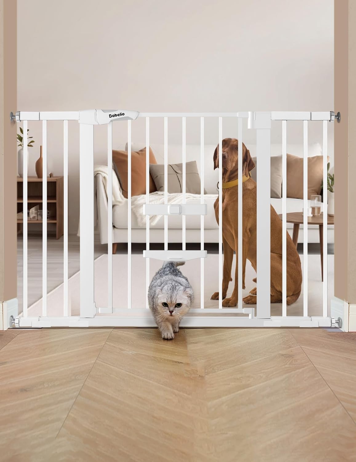 Babelio 36" Tall Pet Gate with Cat Door, CatPrivilege II, 29-40" - White / 29-48" Wide, 30" Tall