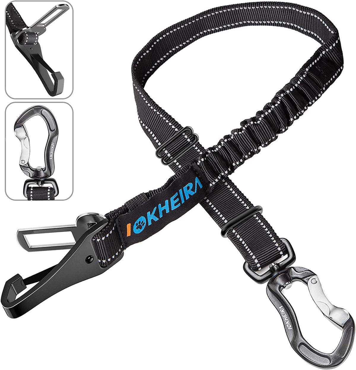 IOKHEIRA Dog Seatbelt, Updated Adjustable Harness Reflective Bungee Dog Car Seat Belt with Aviation - Black