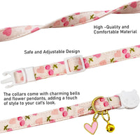 2 Pack Cotton Breakaway Cat Collars Set with Bell and Flower Pendant - heart cherry - image 4