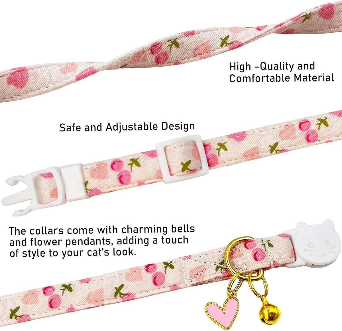 2 Pack Cotton Breakaway Cat Collars Set with Bell and Flower Pendant - heart cherry - image 4
