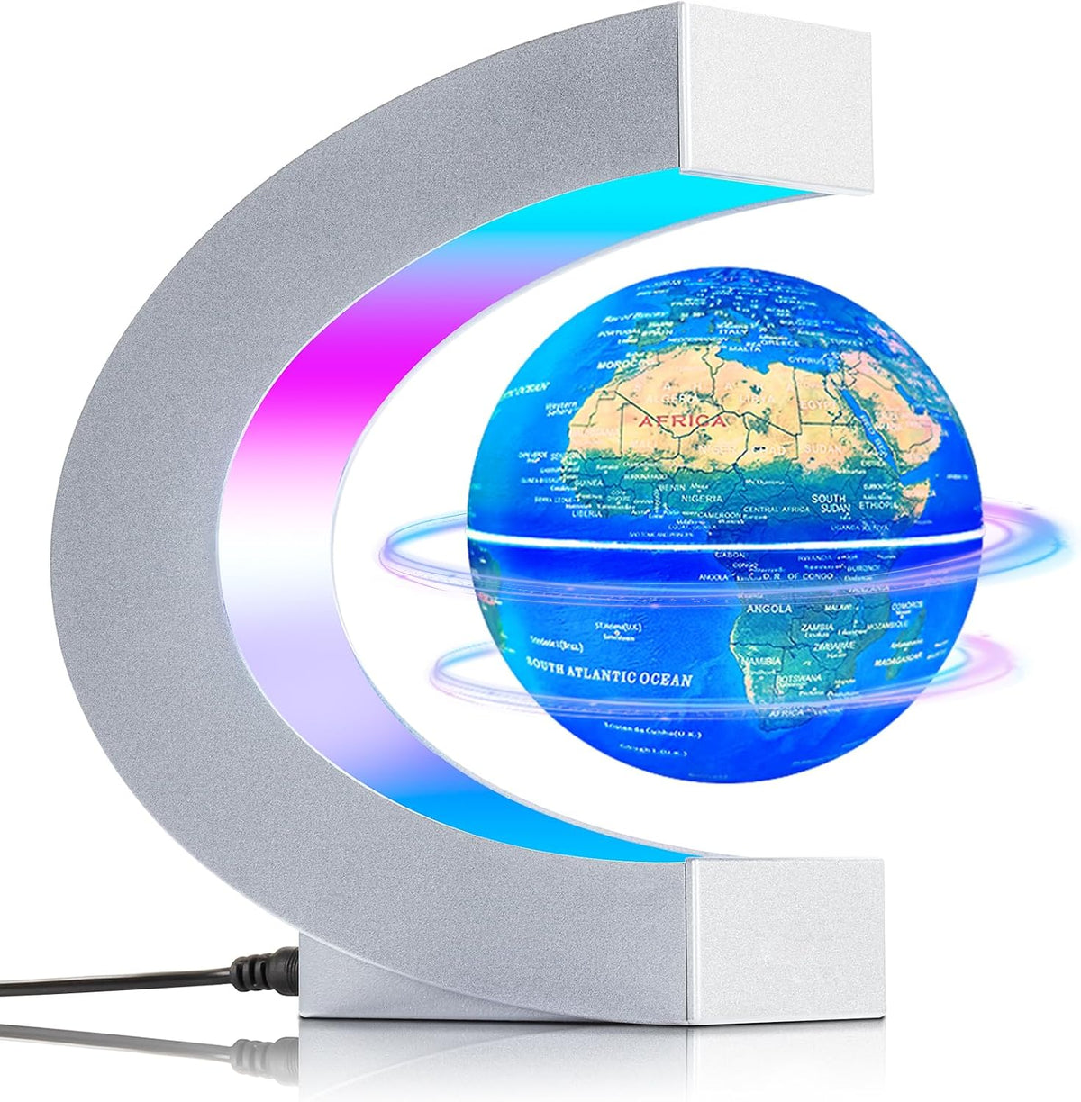 Magnetic Levitating Floating Globe with LED Lights - Silver Frame Globe Glowing