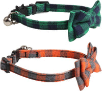 2 Pack/Set Cat Collar Breakaway with Cute Bow Tie and Bell for Kitty - Green+Orange / Plaid - image 4