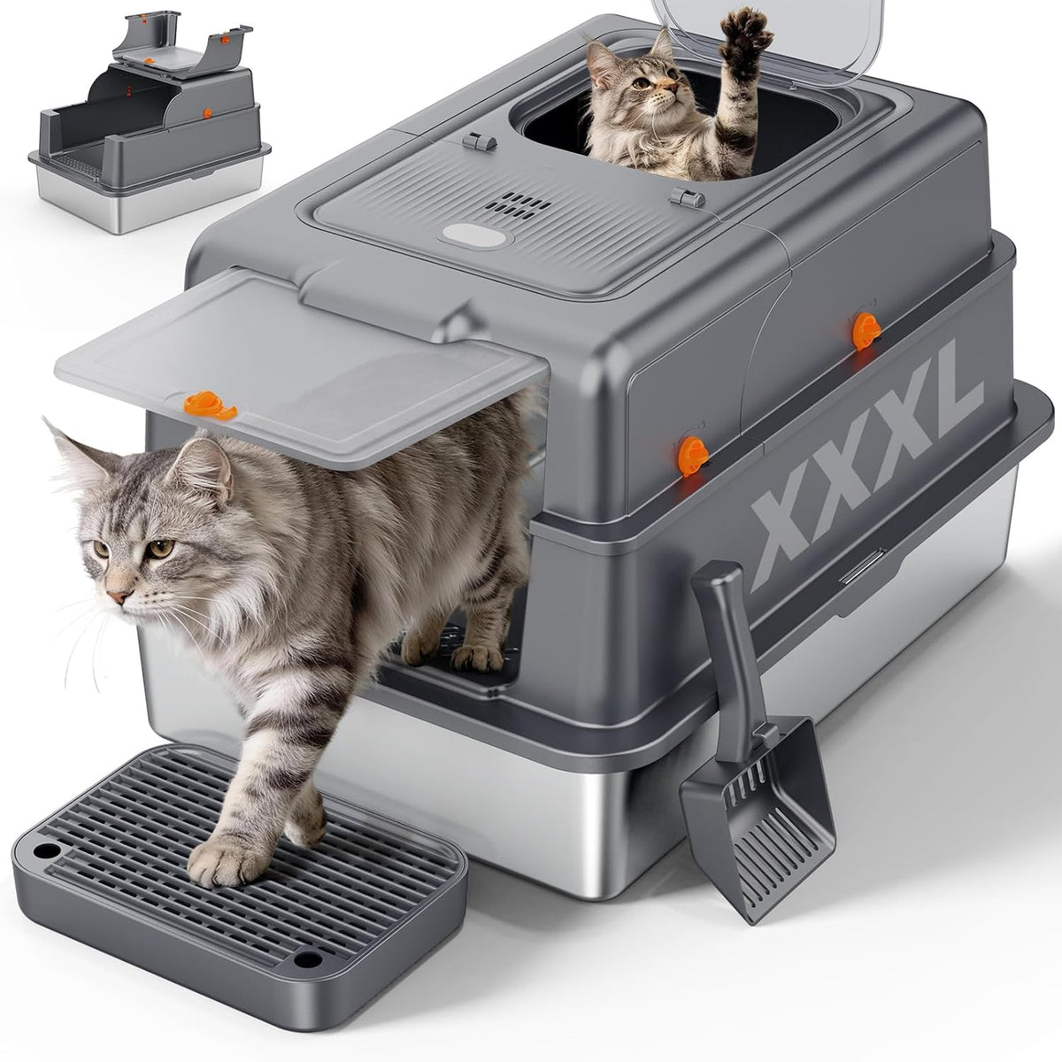 FURTIME Stainless Steel Litter Box with Lid - XXX-Large / Grey