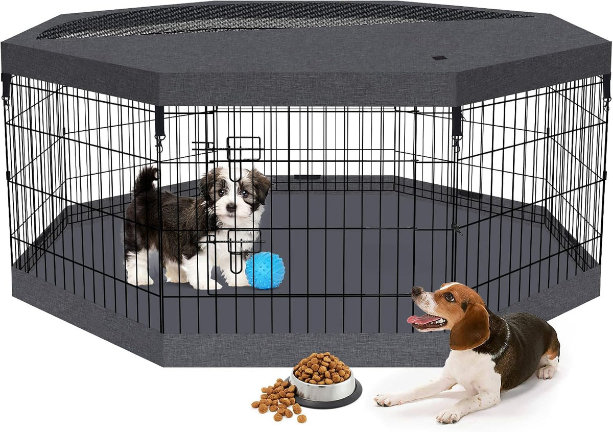 PEEKABOO Foldable Rustproof Dog Playpen with Door, 8 Panels 24"H – Essentials for Dogs - 8 Panels 24"H x 24"W Playpen+Bottom+Top Cover