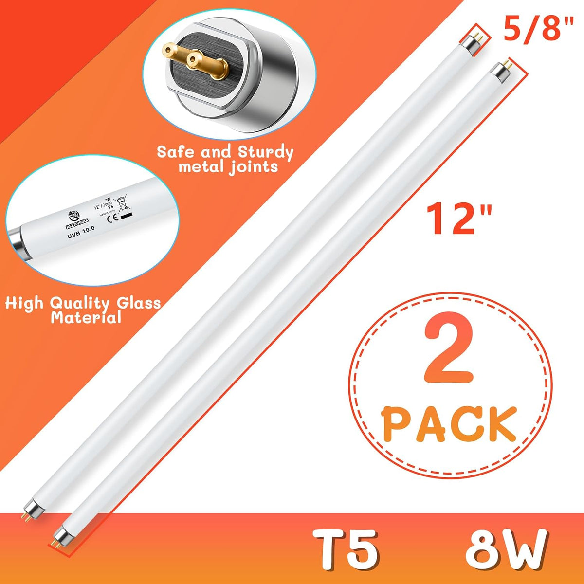 T5 UVB Reptile Light 24W 10.0, UVA UVB Light Bulb for Reptiles - 2 pack T5 Tube-8W 10.0 - image 2