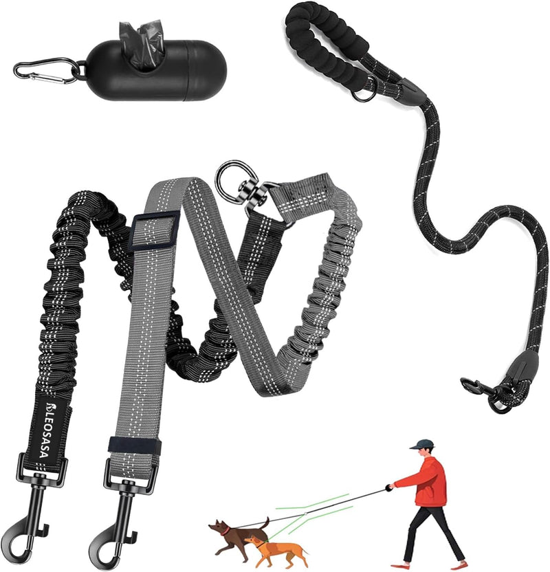 Double Dog Leash, 360°Swivel Tangle Free Splitter Attachment - Grey / Leash & Splitter