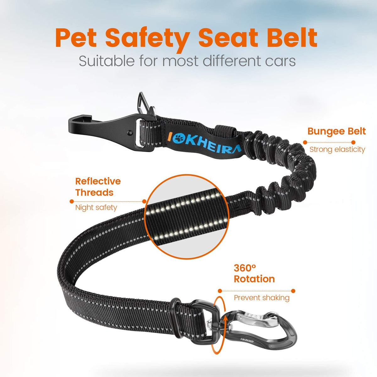 IOKHEIRA Dog Seatbelt, Updated Adjustable Harness Reflective Bungee Dog Car Seat Belt with Aviation - Black - image 4