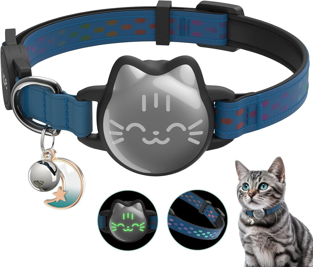 AirTag Cat Collar, Reflective Breakaway Collar - Cyan Blue / Small(9-13inch)