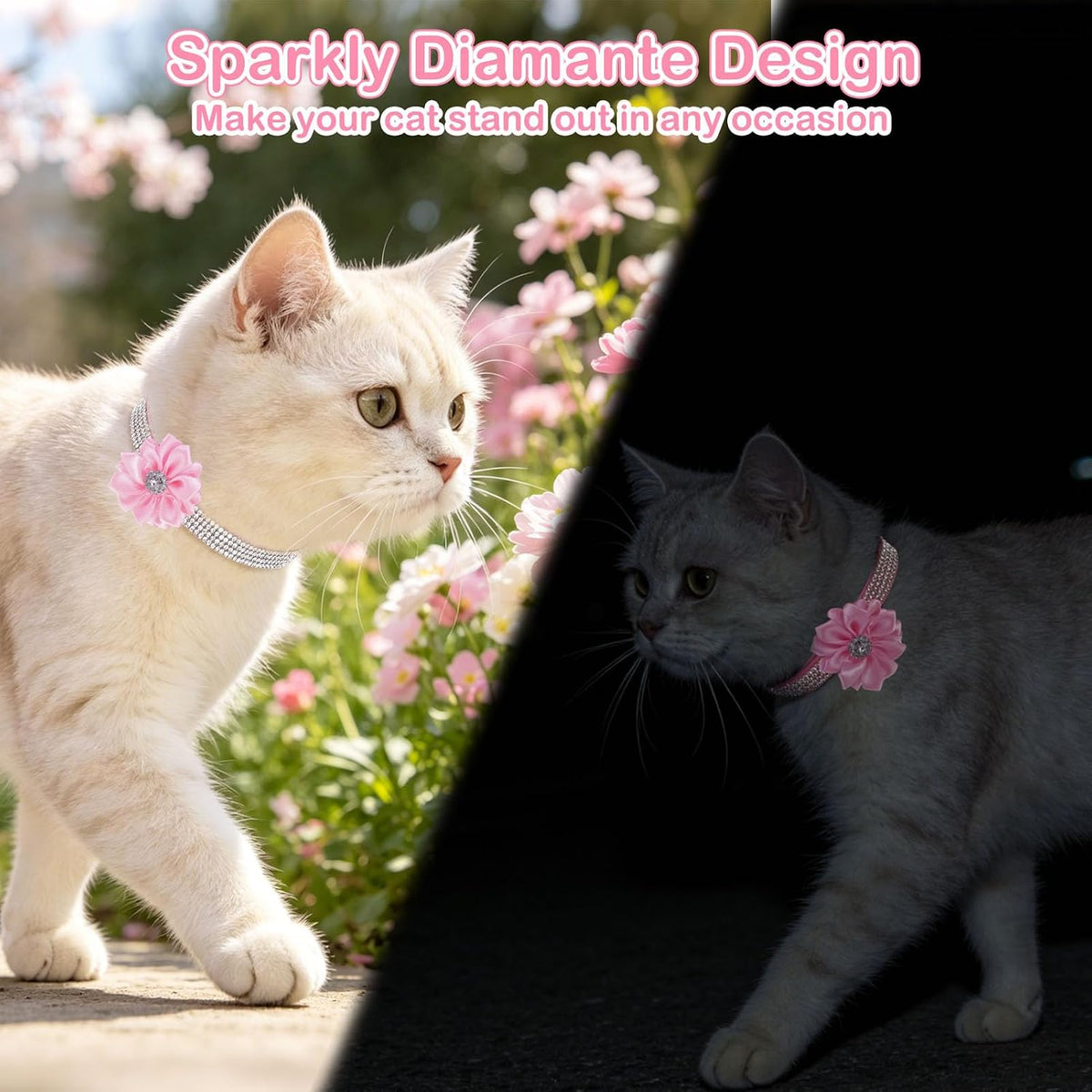 Rhinestone Cat Collar Breakaway, Bling Sparkly Diamond - Flower Pink / 8"-12" Cats / Mini Dogs - image 4