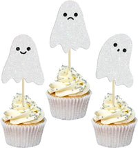 Ephlyn 24 white glitter ghost cupcake toppers for Halloween desserts - view 10