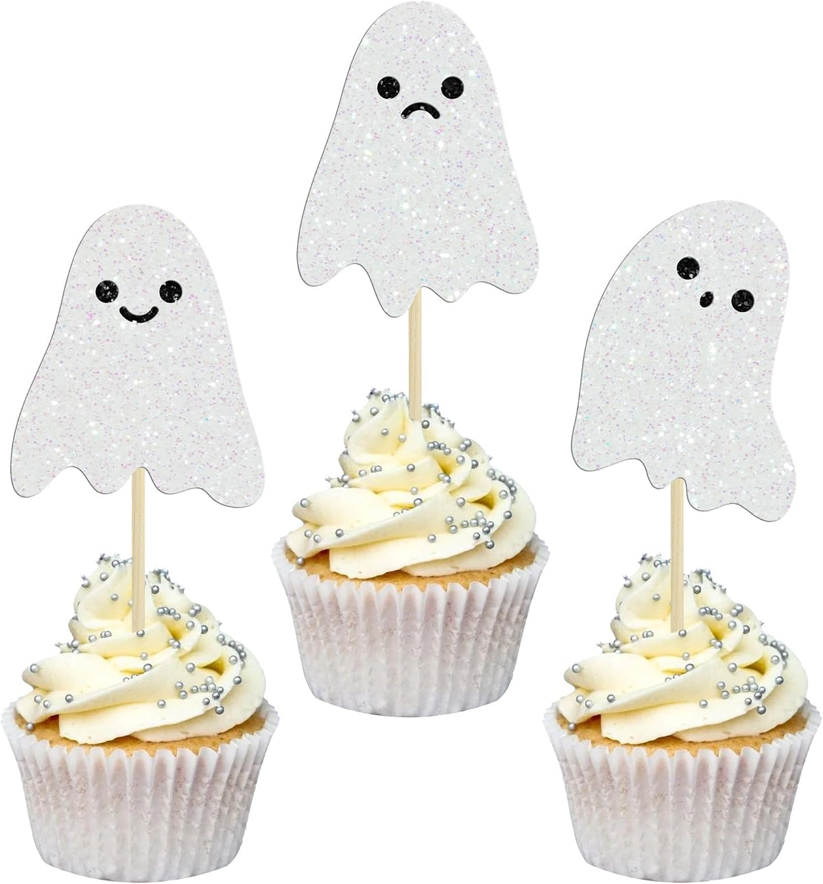 Ephlyn 24 white glitter ghost cupcake toppers for Halloween desserts - view 10