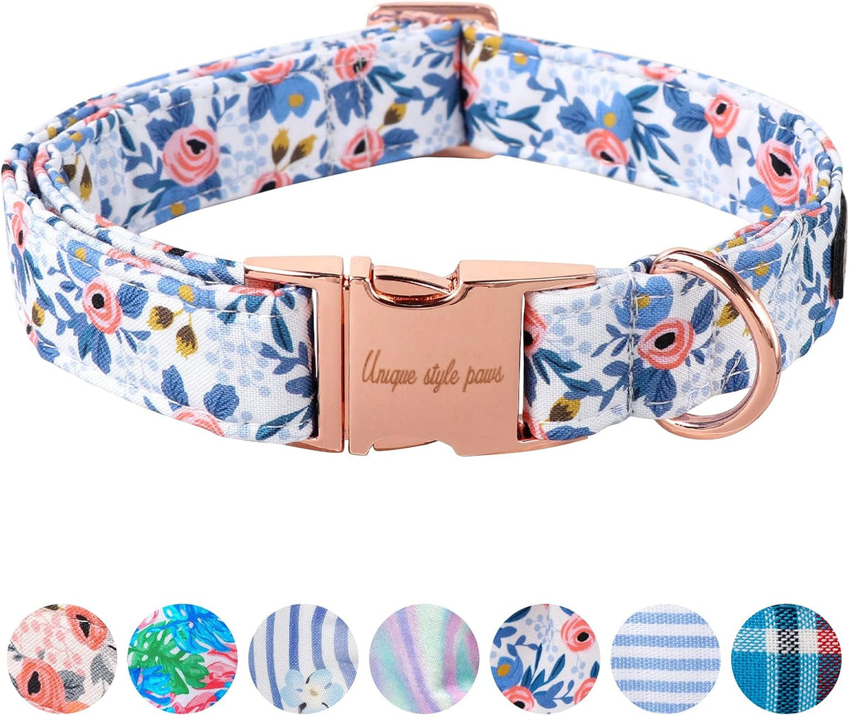 Dog Collar With Metal Buckle, Red Rose Flower Gift for Small - blue flower / M