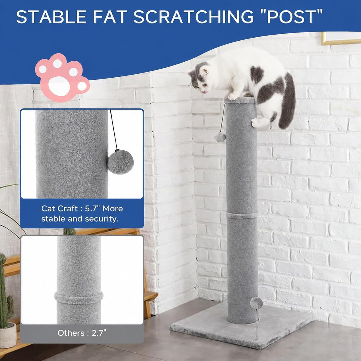 Cat Craft 41" Tall Short Plush Cat Scratching Post for Indoor Cats - Light Gray / Large - image 4