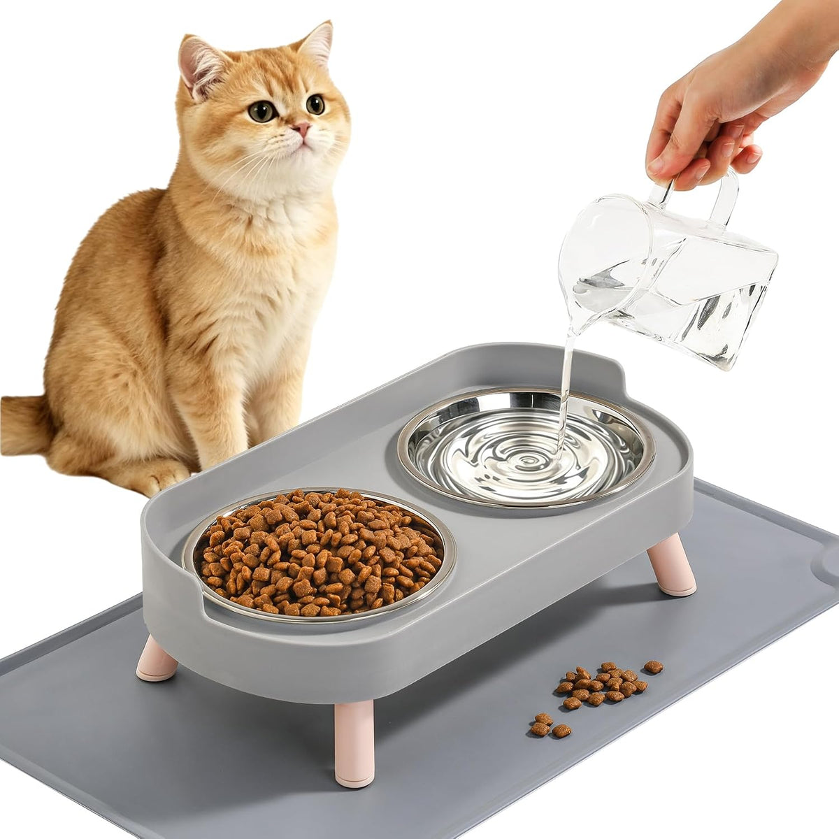 Elevated Cat Bowls Set - Raised Cat Food and Water Bowl Set with Non Slip Stand - Pet Feeding - Grey with Mat