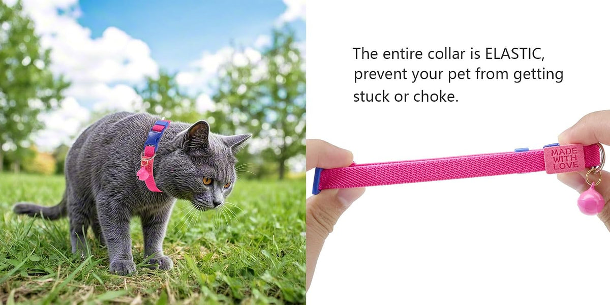 Cotton Bowtie Cat Collar with Bell 2 Pack Adjustable Breakaway Kitten - Elastic Yellow+HotPink / 7.5-11.4 Inch (Pack of 2) - image 3