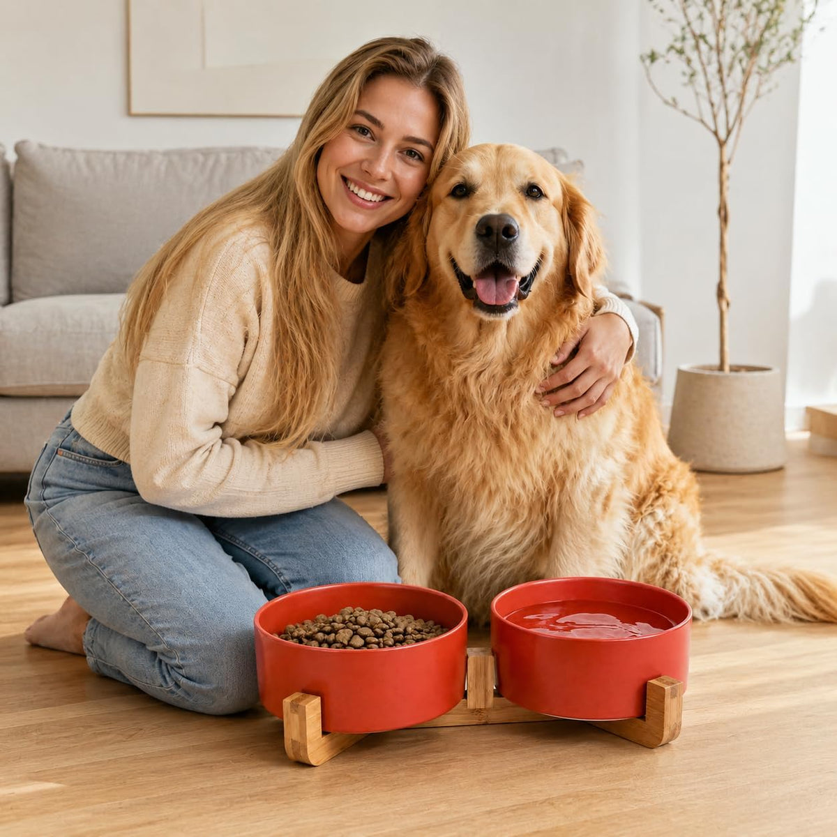 Ceramic Cat Dog Bowl Set with Stand - Rust Red / 850ML*2 - image 2