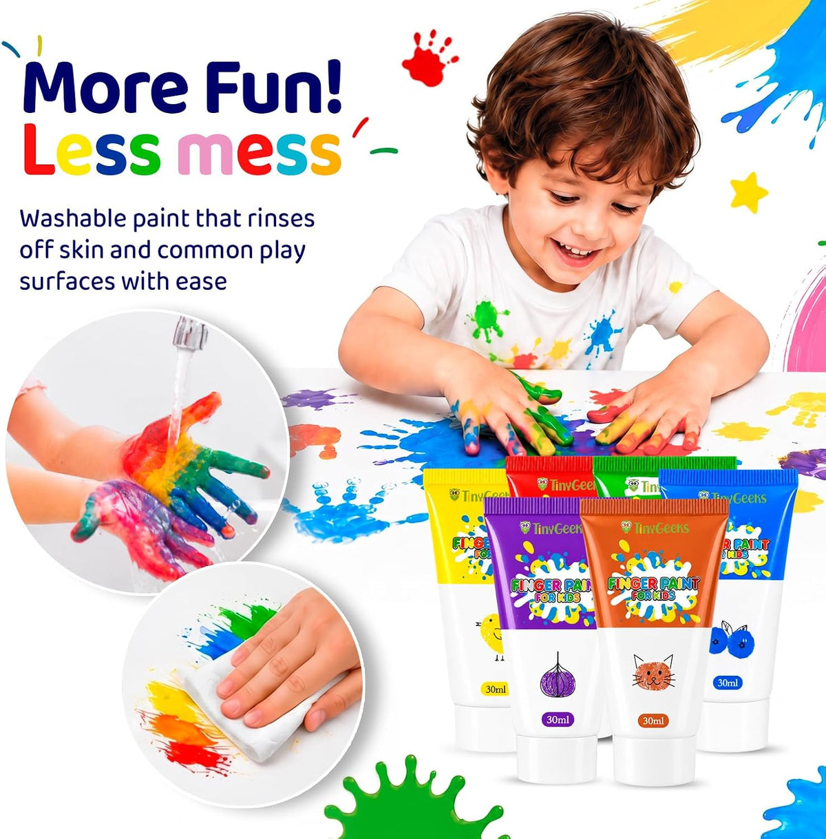 TinyGeeks finger paint for kids, 12 washable colors in squeeze tubes - view 4