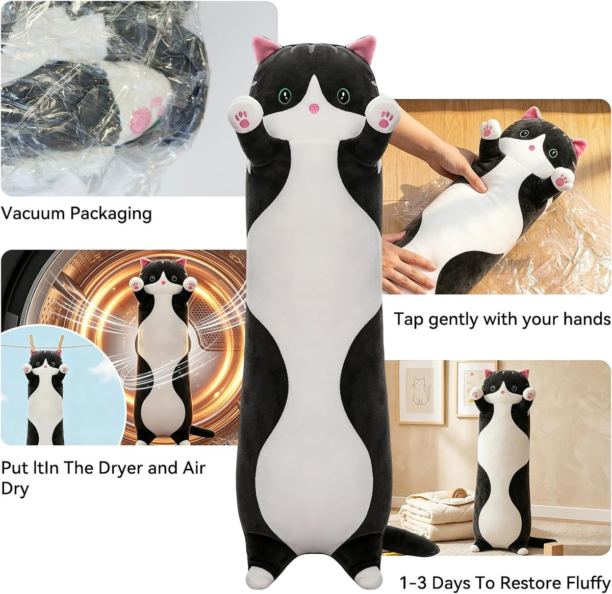 Cute Long Cat Plush Body Pillow, Soft Stuffed Animals 19.7 Inch – Fun for Kids & Family - Black / 35.4 inches - image 4
