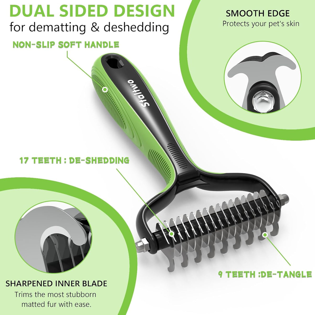 Deshedding Dog Brush for Shedding, Undercoat Rake for Dog&Cat – Essentials for Dogs - Green - image 3