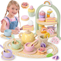 Lonico Wooden Tea Party Set for Little Girls Toddler Tea Set