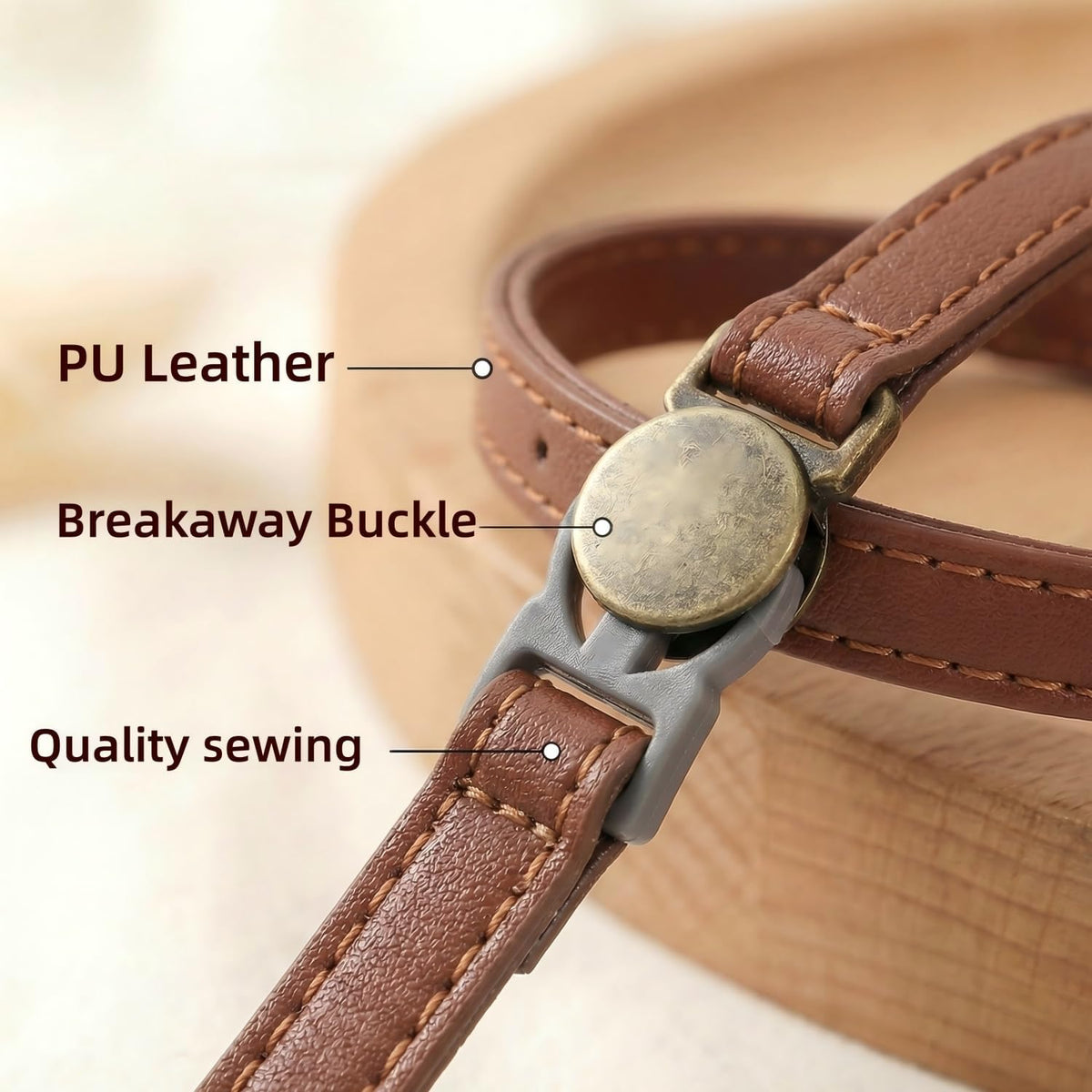 THAIN Leather Cat Collar with Bell Breakaway, Adjustable - Brown - image 4