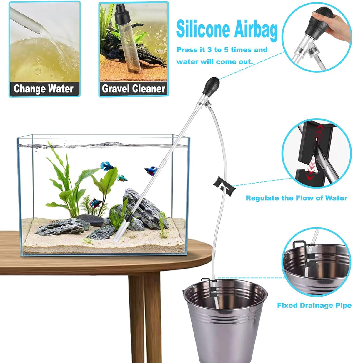 Small Aquarium Gravel Vacuum Sand Cleaner Tank Water Changer – Essentials for Fish - S(3~8Gal) - image 3