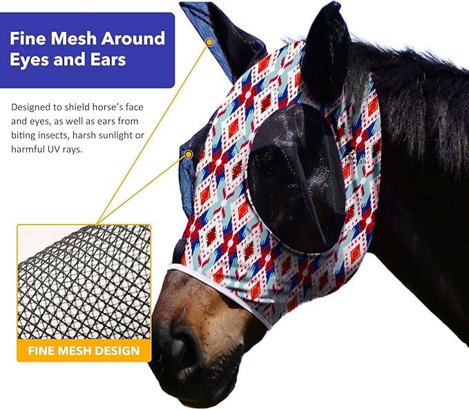 Harrison Howard Super Comfort Stretchy Fitting Horse Fly Mask with UV Protection Soft on Skin with Breathability Tribal Abstract Pony