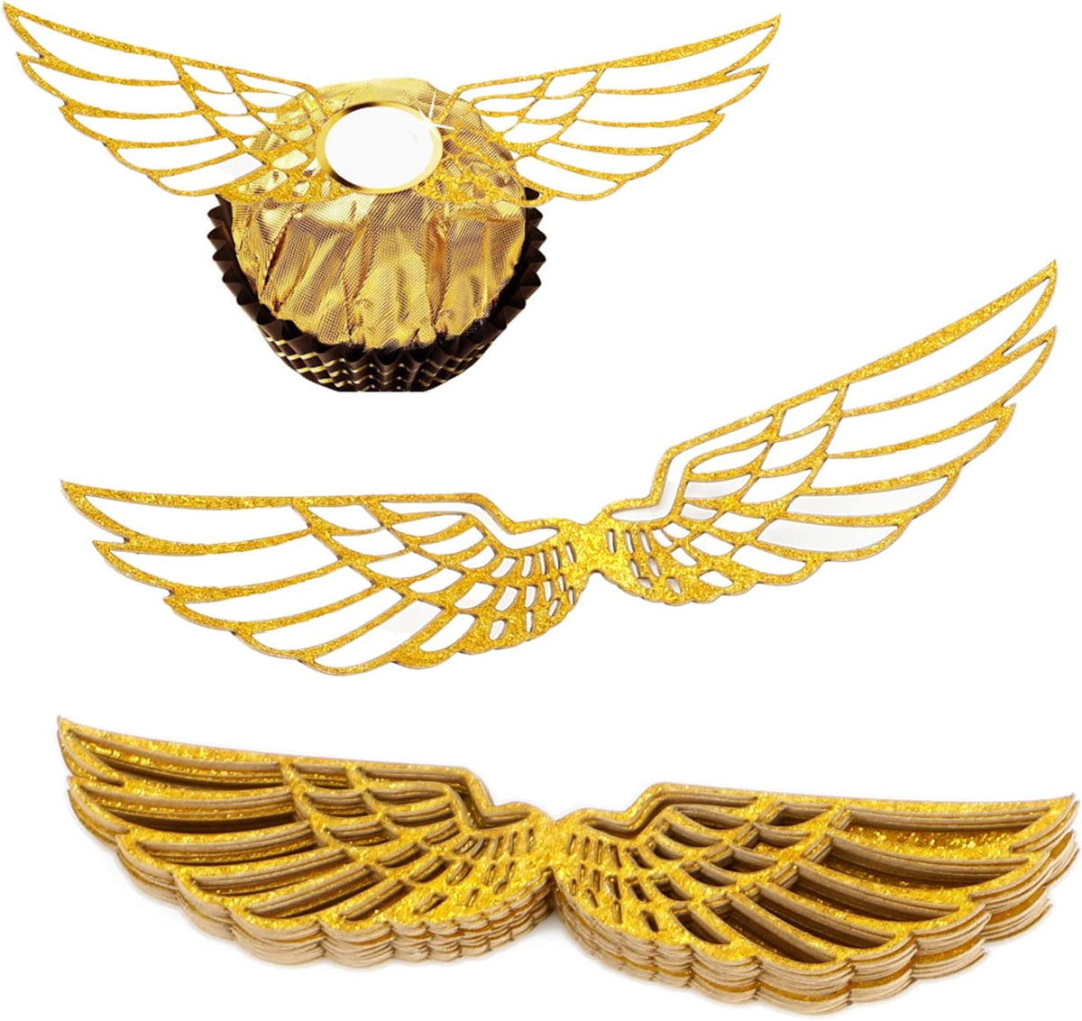 Fifty shiny golden paper wing chocolate decorations for wizard party cupcakes